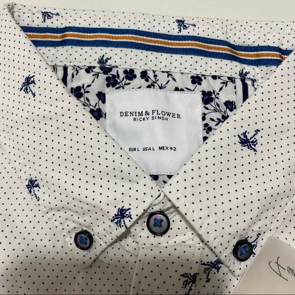 Denim & Flower Ricky Singh White Blue Palm Trees Button Down Szs Med, Lg - Picture 6 of 11